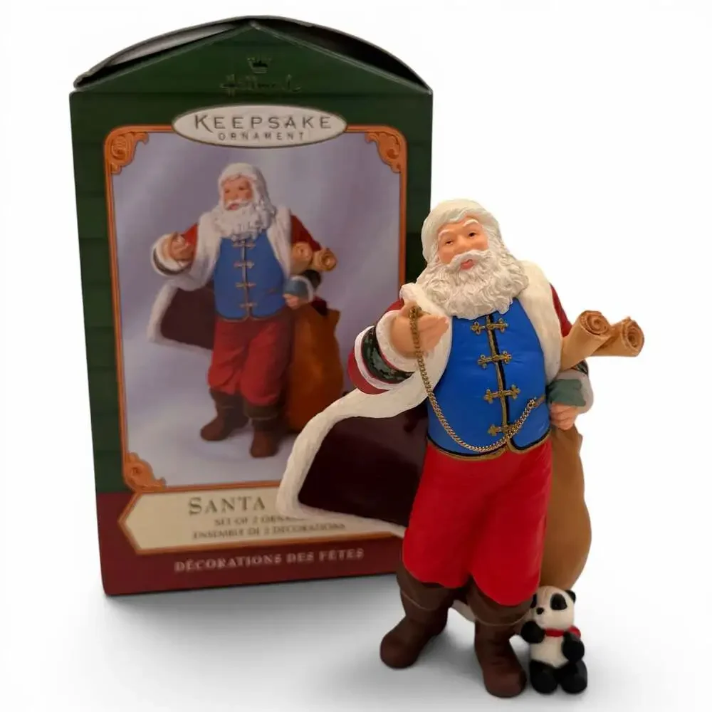 2001 Hallmark Keepsake Ornament Santa Claus and Panda Holiday Open House Set